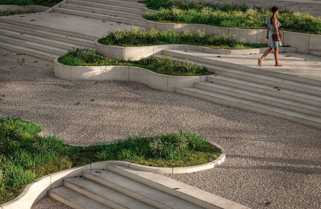 Betonal golvende prefab beton keerwanden met traptreden in organische vormen Murs de soutènement ondulés en béton préfabriqué avec des marches de forme organique